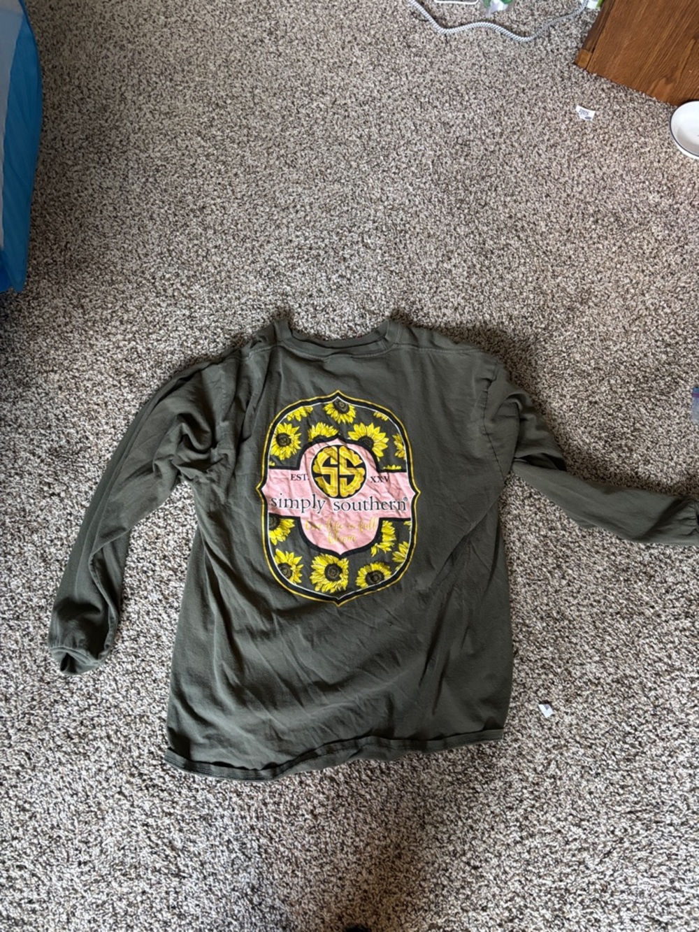 Simply Southern Olive Green Long Sleeve Tee with Sunflower Crest and Pink Banner